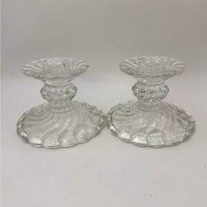 Vintage 1940's Fostoria Clear Swirl Glass Colony Pattern Candle Holders 3”Pair